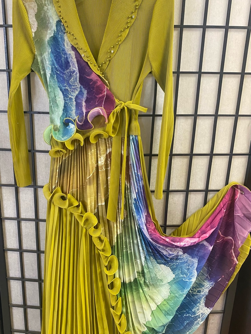 Olive Green Pleated Wrap Dress with Rainbow Wave Panel